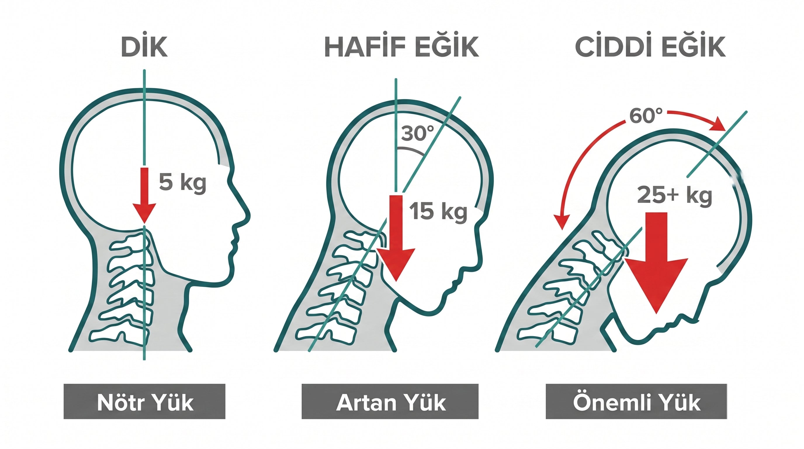 Baş eğim açısına göre boyun yükü illüstrasyonu